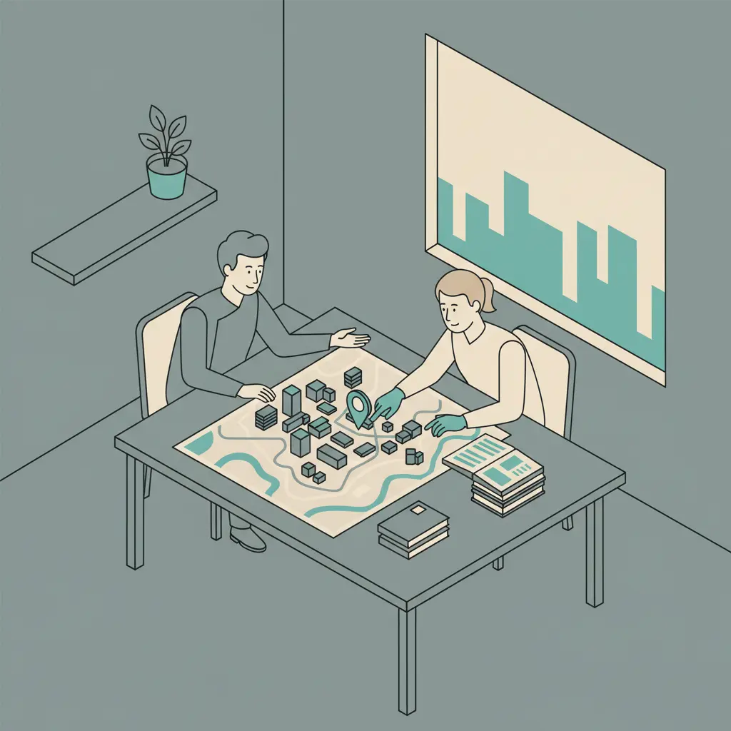 Two people sitting across from each other at a desk, looking through files and pointing at a map of a city.