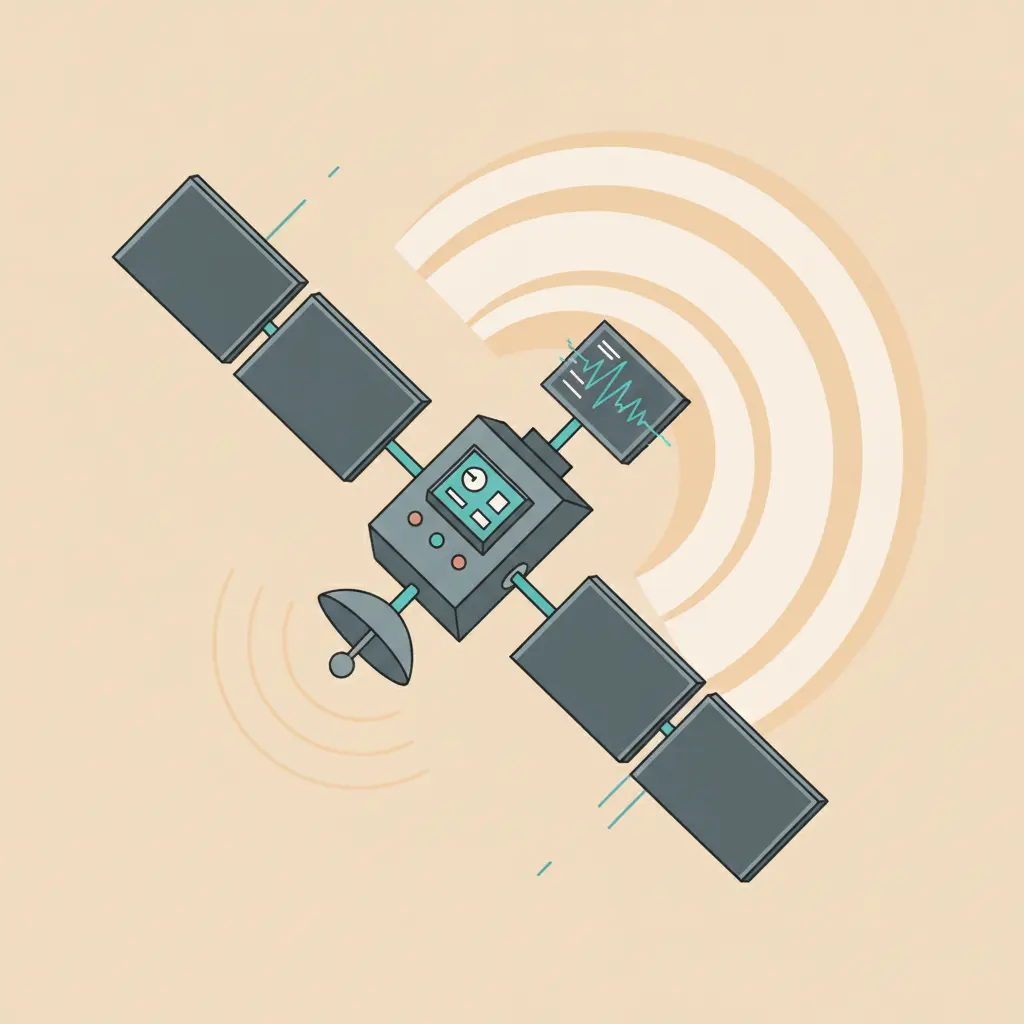 An illustration of a satellite with wavy electrical patterns coming from the sun, making the satellite lose its orientation.