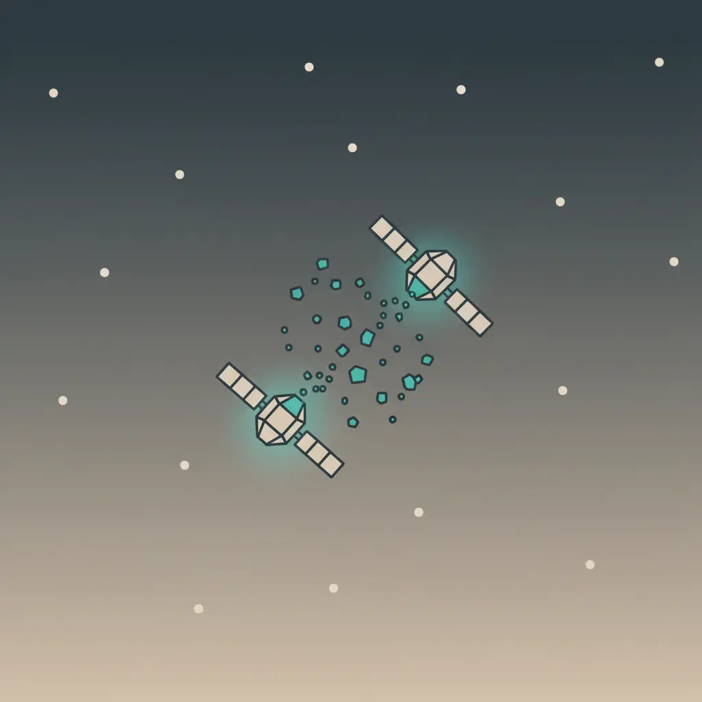 An illustration of two stylized satellite models colliding in orbit, releasing small glowing particles.