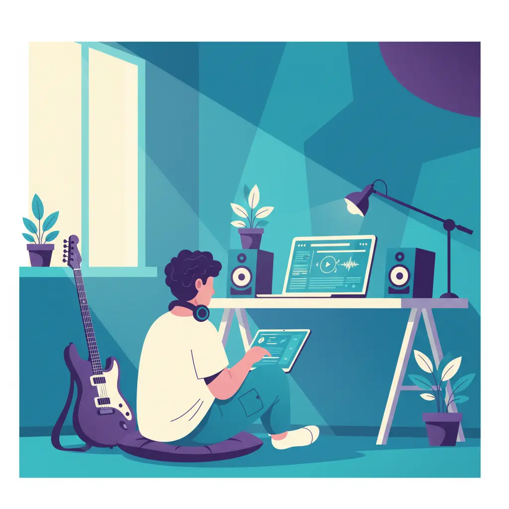 A musician sitting at a desk in a cluttered bedroom studio, recording music on a laptop with a guitar nearby.