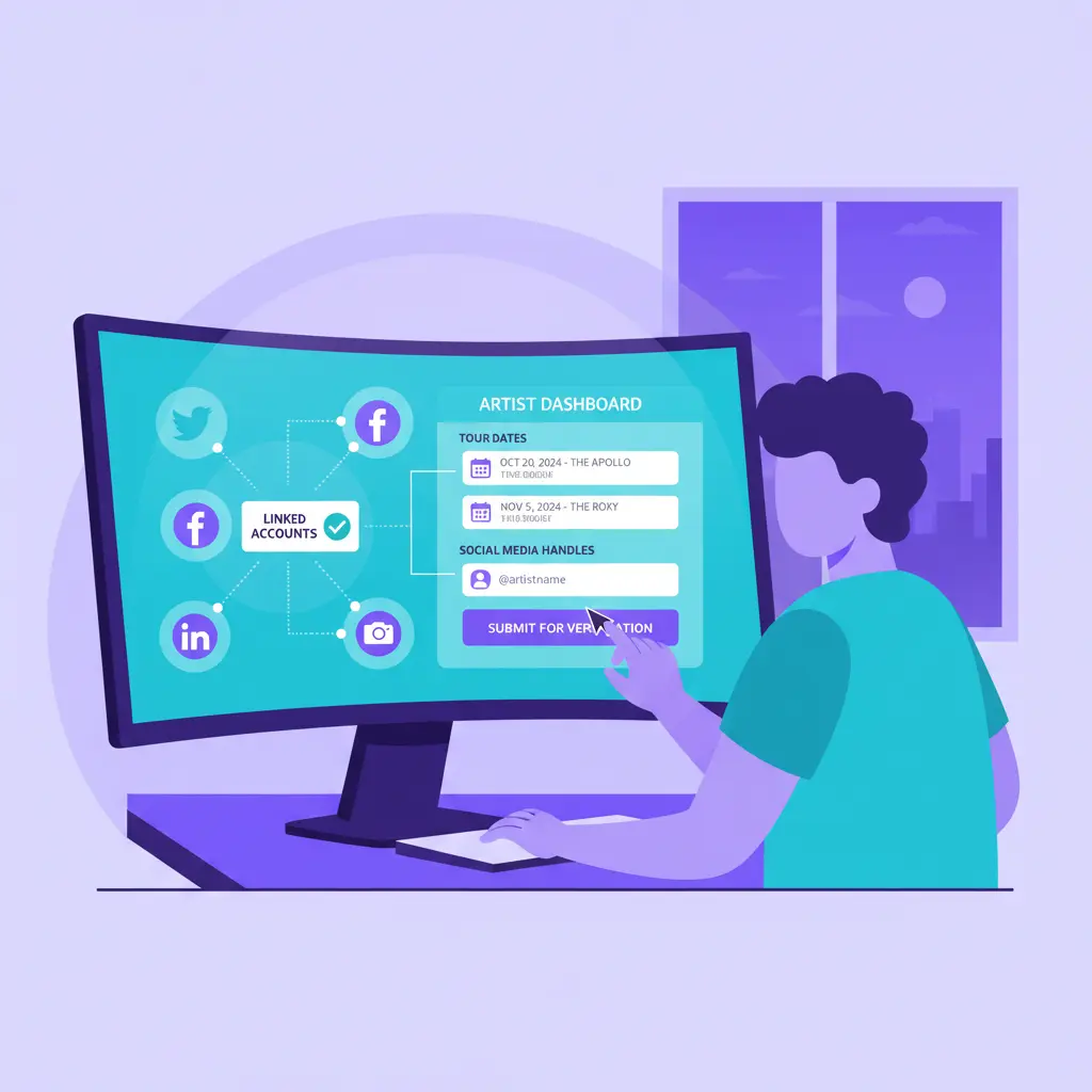 A person updating their artist profile on a computer, clicking buttons to link social media and tour dates.