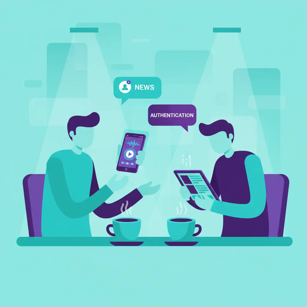 Two people talking over coffee while looking at a smartphone, holding a discussion about music streaming trends.