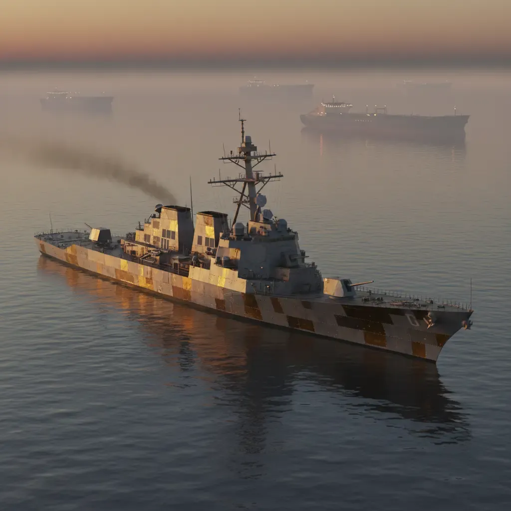 A U.S. Navy warship patrolling a body of water at dusk, with several merchant tanker ships visible in the distance.