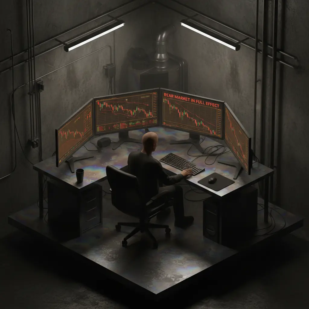 A person sitting at a desk surrounded by multiple computer monitors displaying complex stock charts and fluctuating oil export graphs.