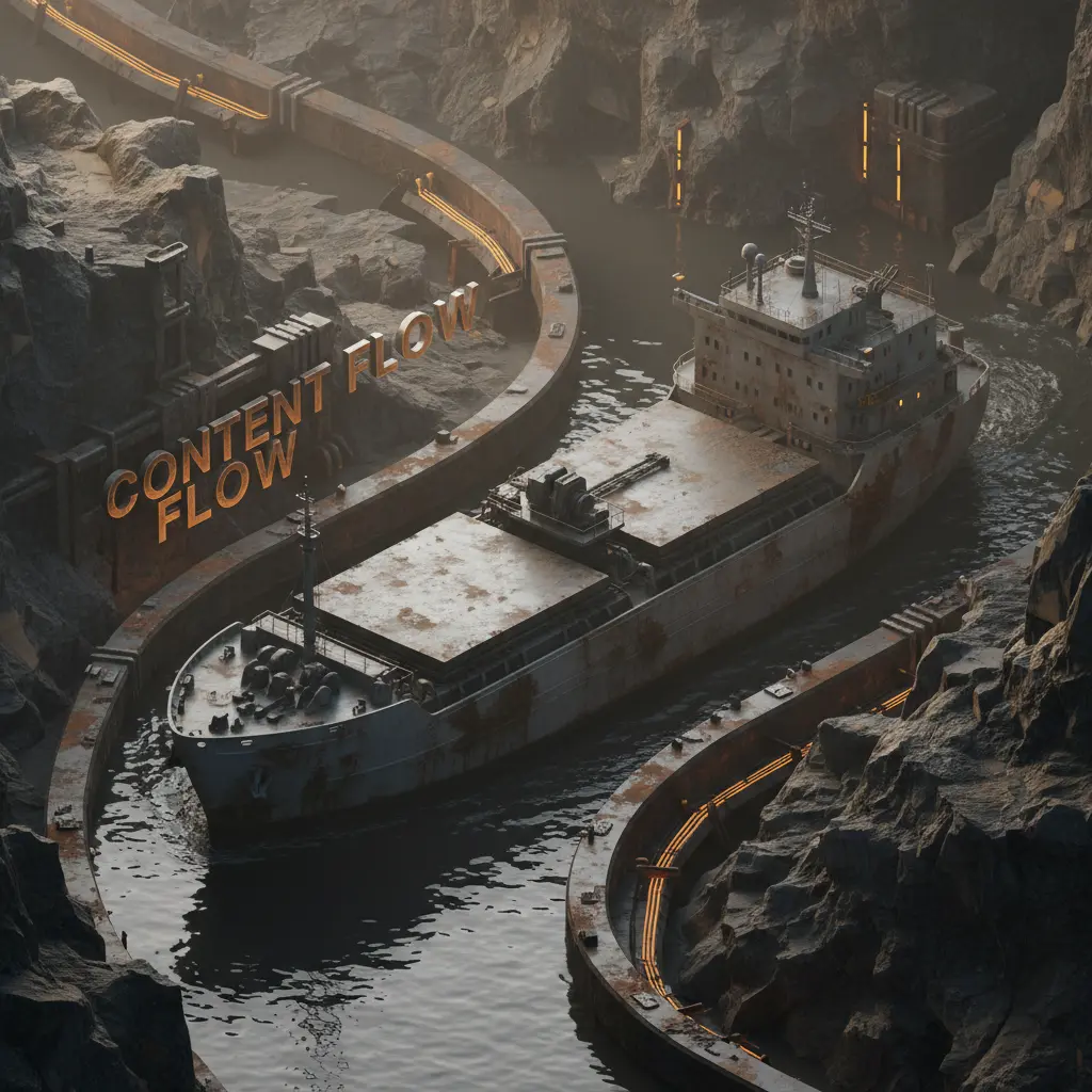 A ship navigating through a narrow waterway at night, with only its navigation lights visible.