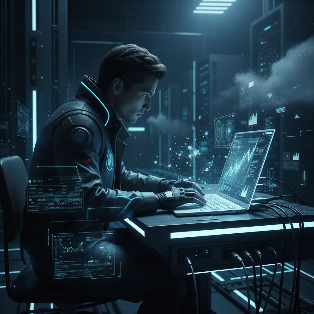 A person typing on a laptop in a dimly lit office space.