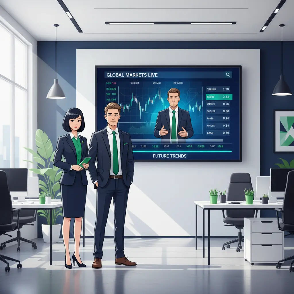 Two people in a modern office space watching a live financial news broadcast on a large screen while looking concerned.