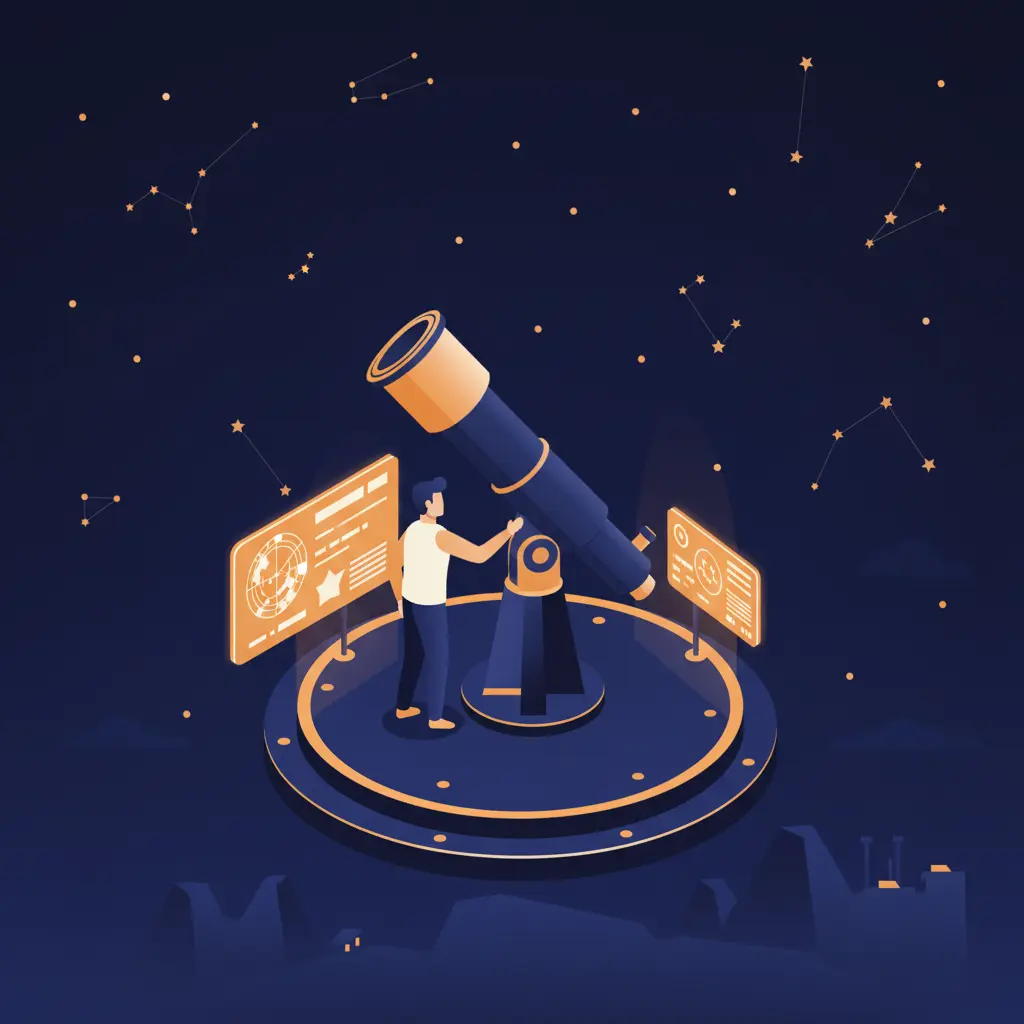 An astronomer looking through a white industrial ground-based telescope at night.