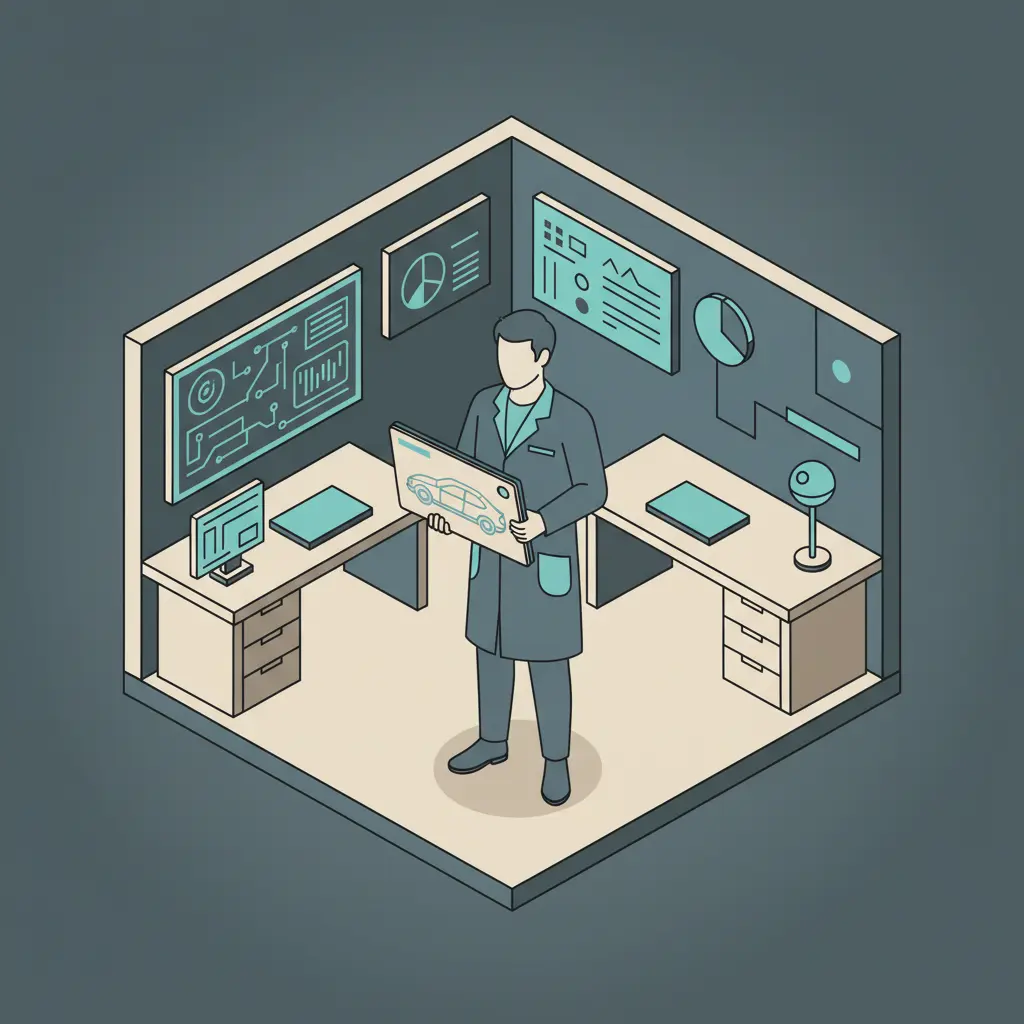 An executive at a desk looking at a financial graph on a computer monitor while holding a coffee mug.