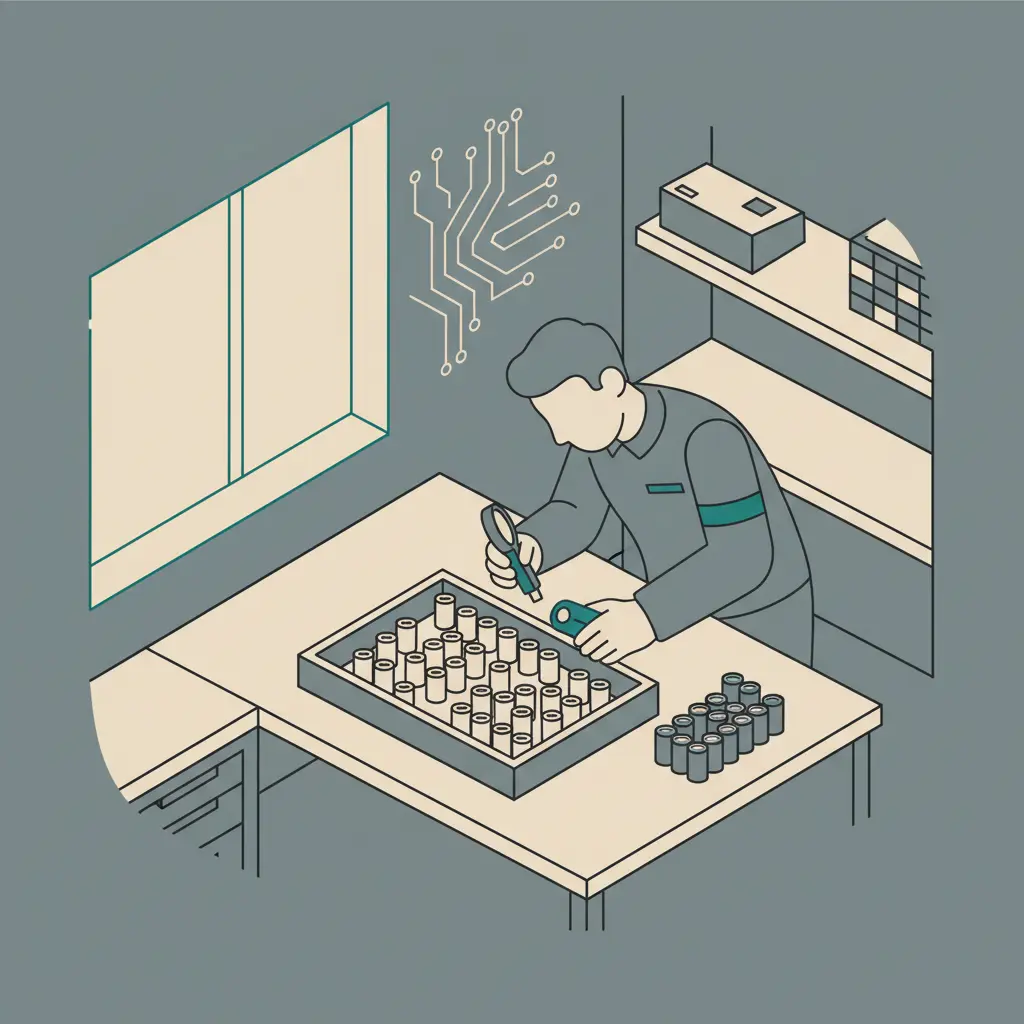 A technician is inspecting rows of battery cells in a clean production environment.