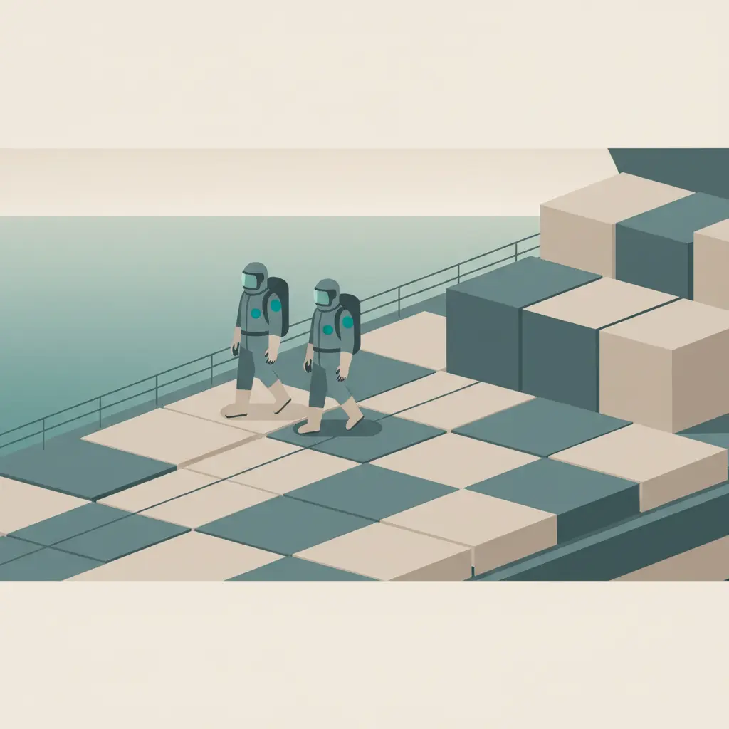 Figures in hazmat suits walking across the deck of a cruise ship.