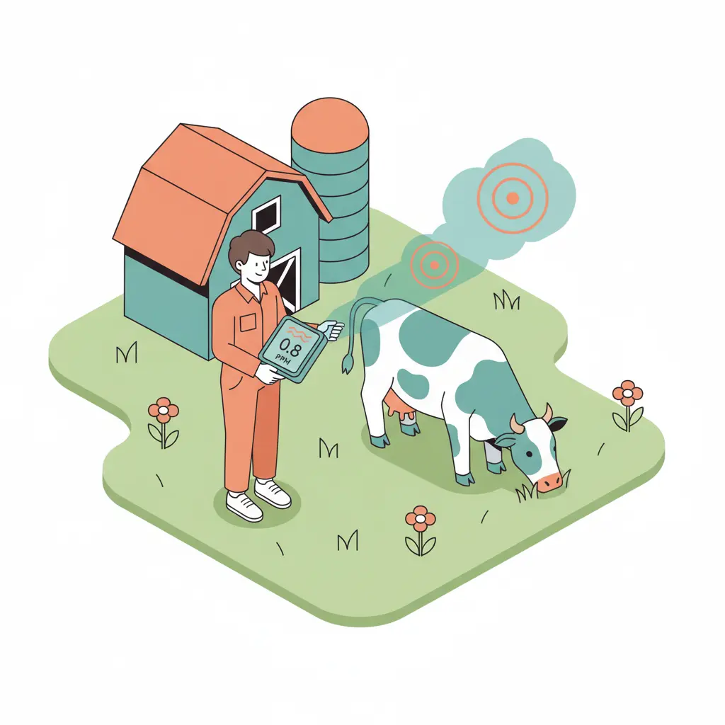 A researcher standing in a green field next to a cow while holding a digital sensor toward the animal.