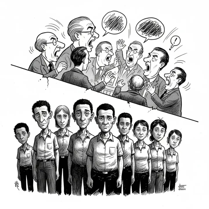An editorial cartoon depicting a calm group of diverse survivors in the foreground, with a chaotic and blurry political debate happening in the background, oblivious to them.
