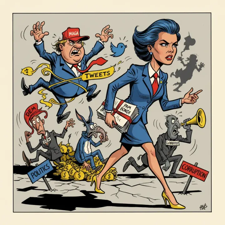 A political cartoon of a determined female attorney walking through a chaotic political scene.