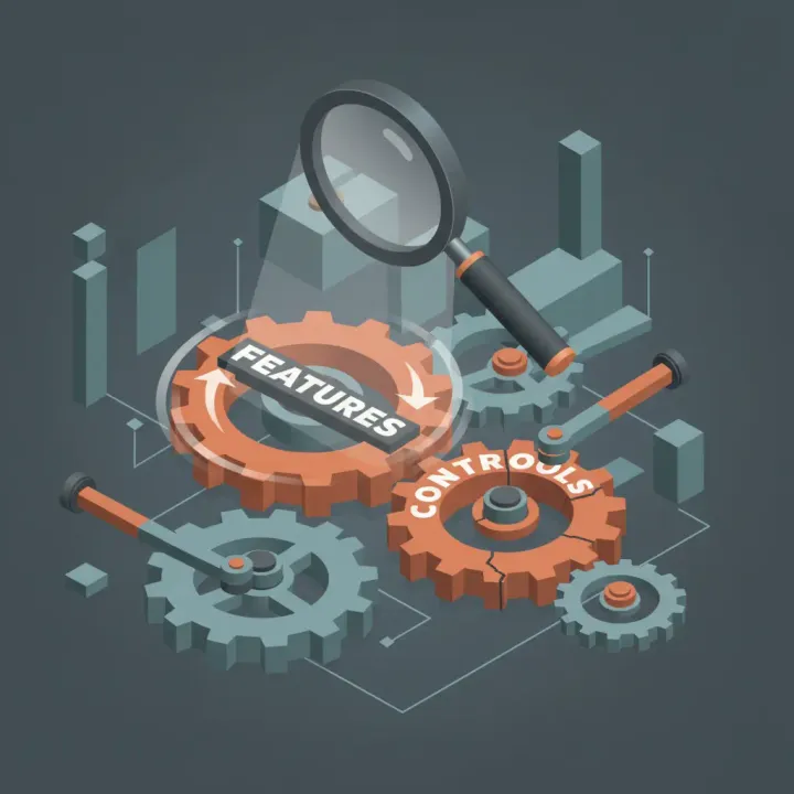 A digital illustration showing a magnifying glass over a network of gears and levers. A large gear labeled features is spinning rapidly, while a smaller gear labeled controls is stuck, repre