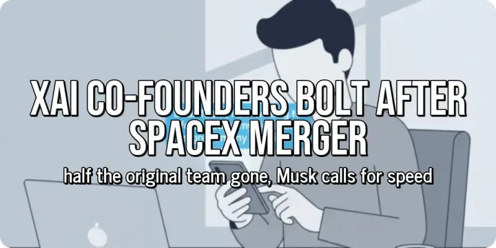 A person moving cardboard boxes out of an office desk. Over the image, large bold text reads "xAI Co-Founders Bolt After SpaceX Merger", with smaller subtext that reads, "half the origina