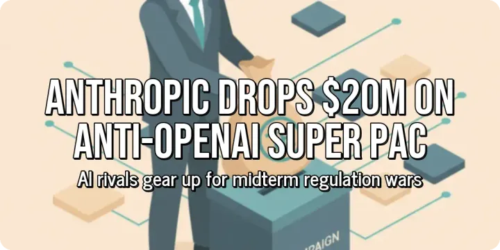 Two people holding up different signs in a public square, representing different political opinions. Over the image, large bold text reads "Anthropic Drops $20M on Anti-OpenAI Super PAC", 
