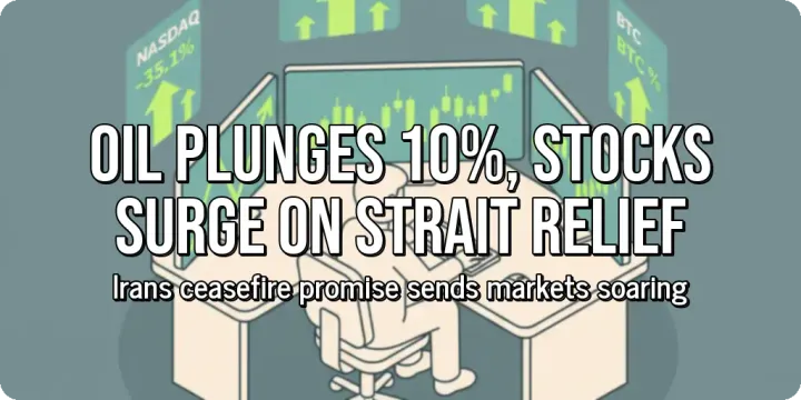 A person pumping gas at a service station while checking a receipt. Over the image, large bold text reads "Oil Plunges 10%, Stocks Surge on Strait Relief", with smaller subtext that reads,
