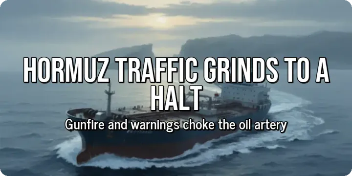 A stylized graph showing a sharp decline in ship traffic on a monitor. Over the image, large bold text reads "Hormuz Traffic Grinds to a Halt", with smaller subtext that reads, "Gunfire a