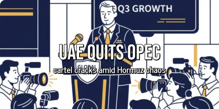 An engineer pointing at a map of an oil pipeline route that bypasses a coastline area. Over the image, large bold text reads "UAE Quits OPEC", with smaller subtext that reads, "cartel cra