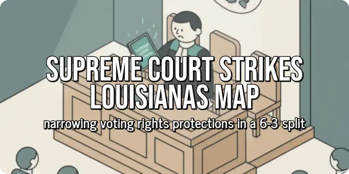 Two people standing at a podium speaking into microphones with protest signs visible in the background. Over the image, large bold text reads "Supreme Court Strikes Louisianas Map", with s