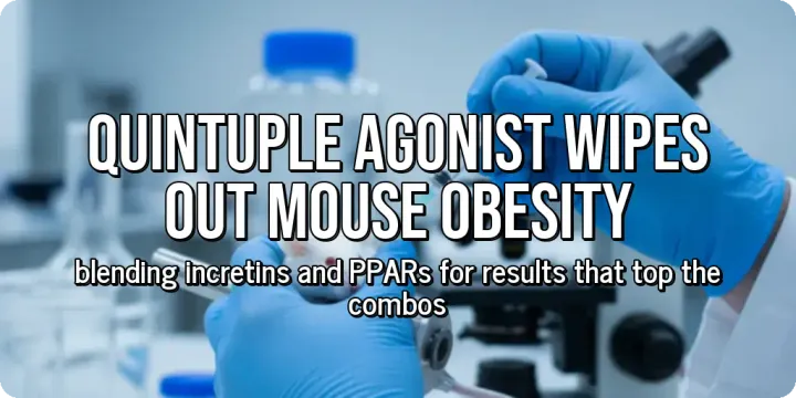 A scientist sitting at a desk with an open laptop, surrounded by piles of medical journals and reference papers. Over the image, large bold text reads "Quintuple Agonist Wipes Out Mouse Obe