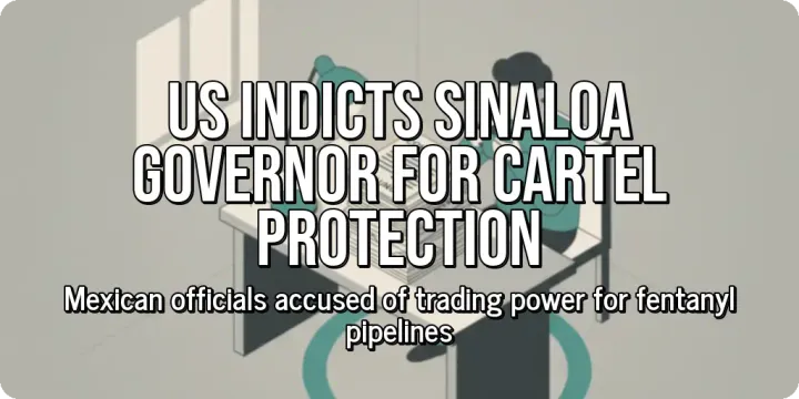 Two people sitting across from each other at a desk, looking through files and pointing at a map of a city. Over the image, large bold text reads "US Indicts Sinaloa Governor for Cartel Pro