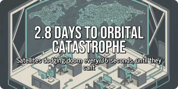 An illustration of two stylized satellite models colliding in orbit, releasing small glowing particles. Over the image, large bold text reads "2.8 Days to Orbital Catastrophe", with smalle