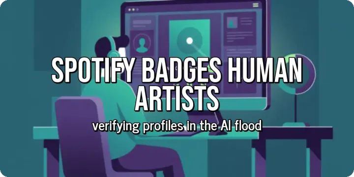 Two people talking over coffee while looking at a smartphone, holding a discussion about music streaming trends. Over the image, large bold text reads "Spotify Badges Human Artists", with 