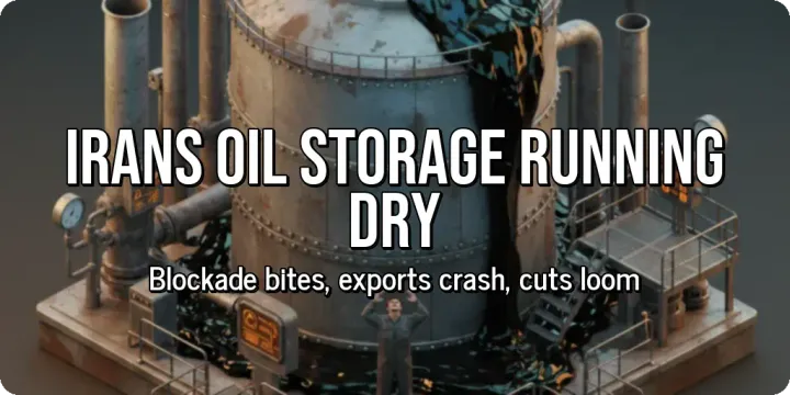 A ship navigating through a narrow waterway at night, with only its navigation lights visible. Over the image, large bold text reads "Irans Oil Storage Running Dry", with smaller subtext t