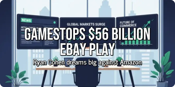 An individual pointing at a large digital map or graph representing global retail market share. Over the image, large bold text reads "GameStops $56 Billion eBay Play", with smaller subtex