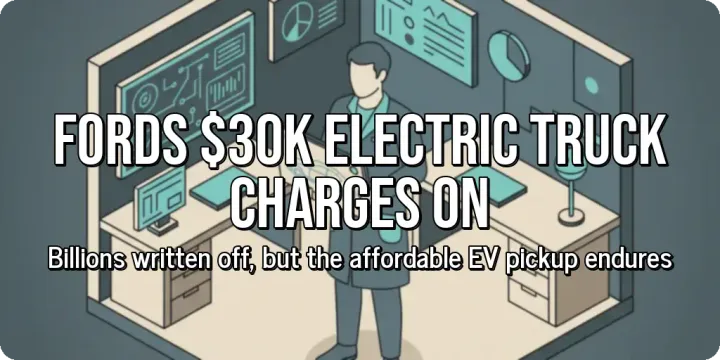 An executive at a desk looking at a financial graph on a computer monitor while holding a coffee mug. Over the image, large bold text reads "Fords $30K Electric Truck Charges On", with sma